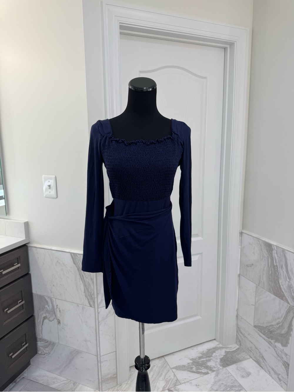 Long Sleeve Navy Smocked Wrap-Style Dress